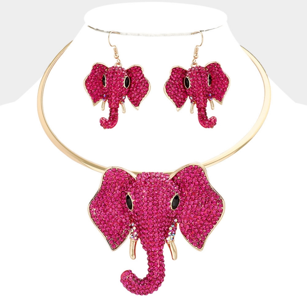 Pink Fuchsia Elephant Pendant Choker Necklace Statement Crystal Rhinestone Chain
